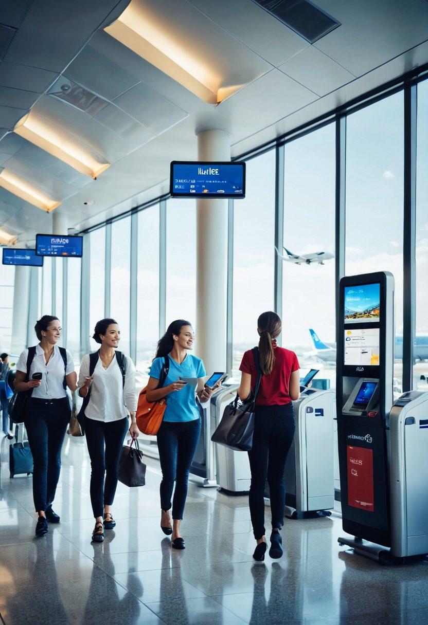 A visually striking airport scene showcasing a smooth transition from booking to boarding, featuring a diverse group of travelers joyfully engaging with digital devices and intuitive kiosks. Highlight seamless flight check-in with clear signage, smiling staff, and bags gliding smoothly on conveyer belts. Include a vibrant sky with planes taking off in the background, symbolizing freedom and adventure. super-realistic. vibrant colors. high-definition.