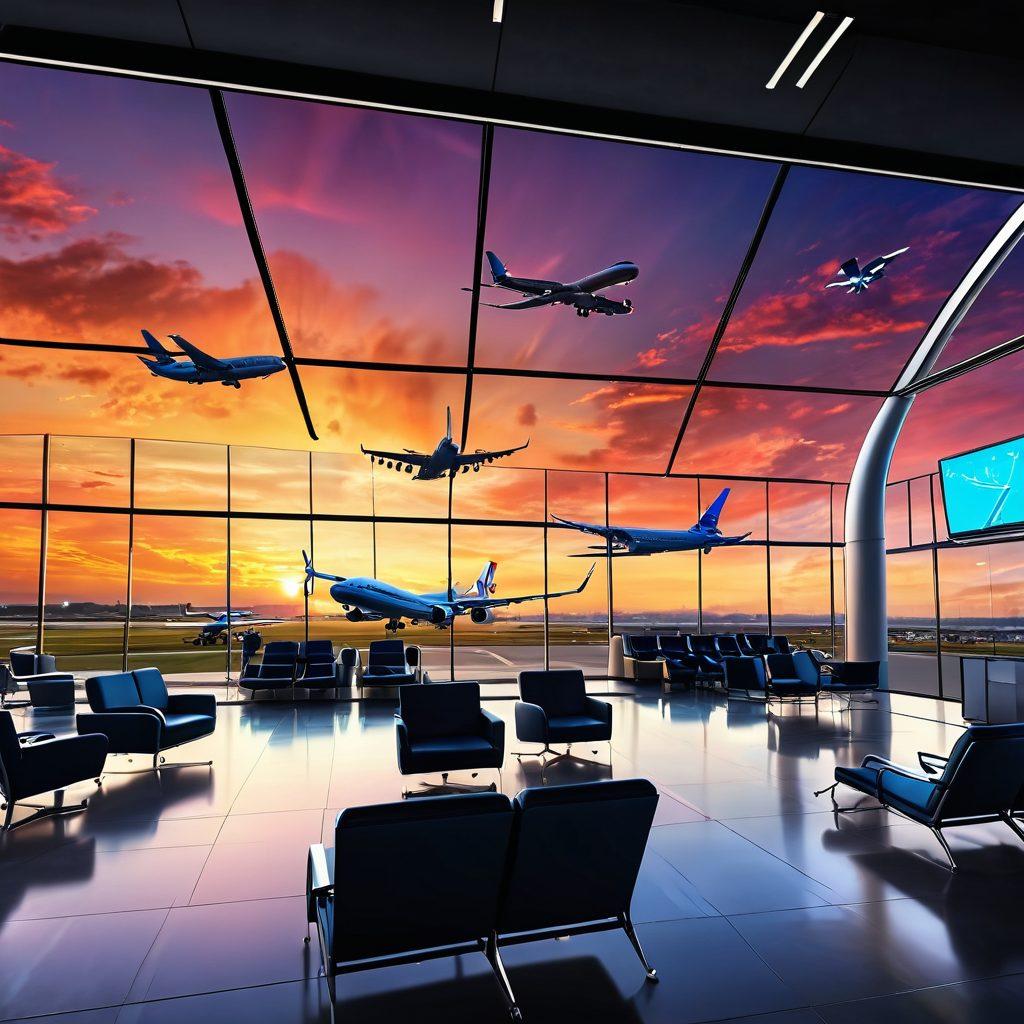 A panoramic view of an airport terminal bustling with travelers, showcasing modern airplanes taking off into a vibrant sunset sky. Include various digital screens displaying flight information and travel tips, while people of diverse backgrounds engage in animated conversations about their journeys. Highlight elements of luxury and comfort in the lounge area. super-realistic. vibrant colors. 3D.