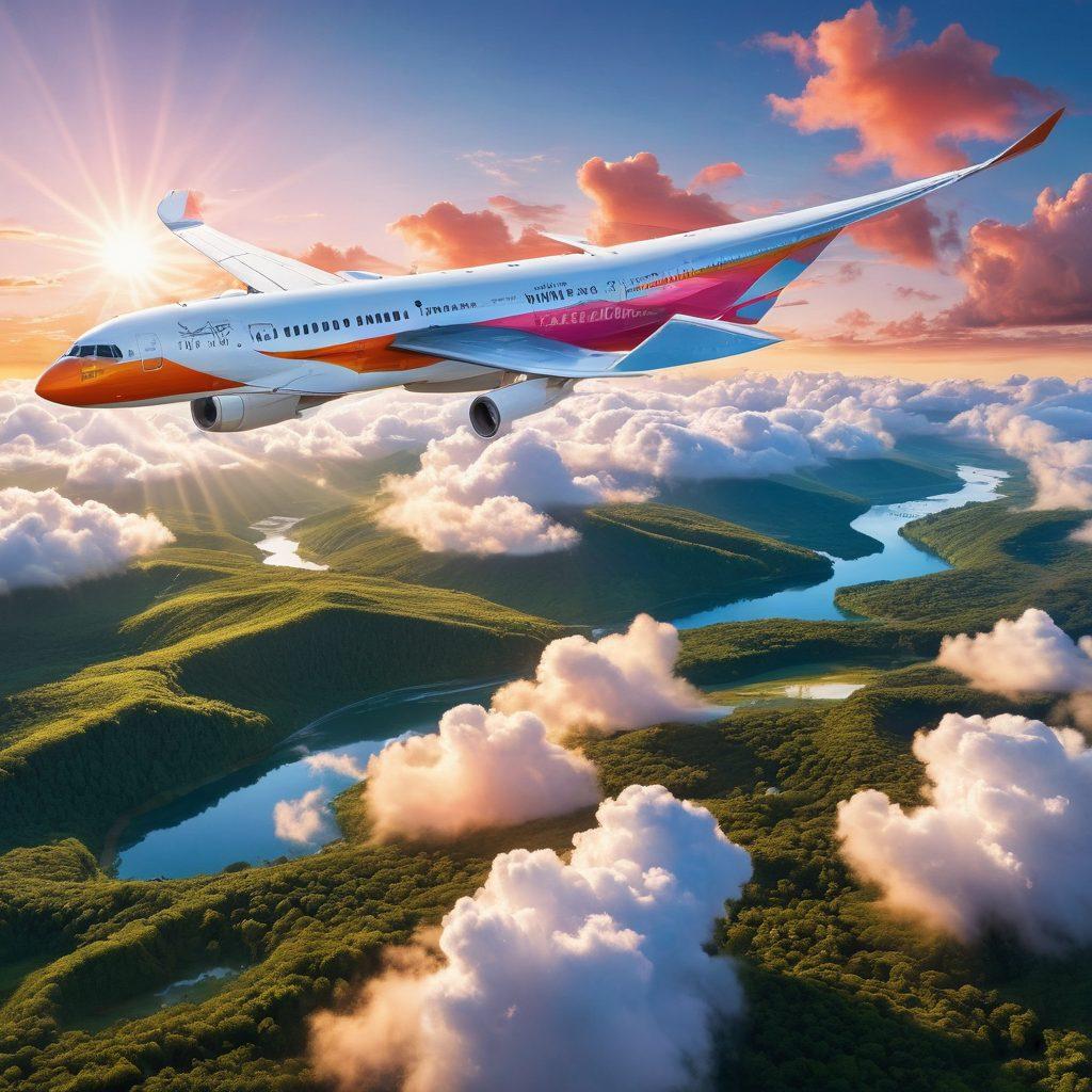 A breathtaking aerial view of an airplane soaring above fluffy white clouds, with a vibrant sunrise in the background showcasing brilliant oranges and pinks. Below, a patchwork of lush green landscapes and winding rivers brings the earth to life. In the foreground, a compass and travel essentials like a passport and sunglasses hint at the adventure awaiting the viewer. super-realistic. vibrant colors. white background.